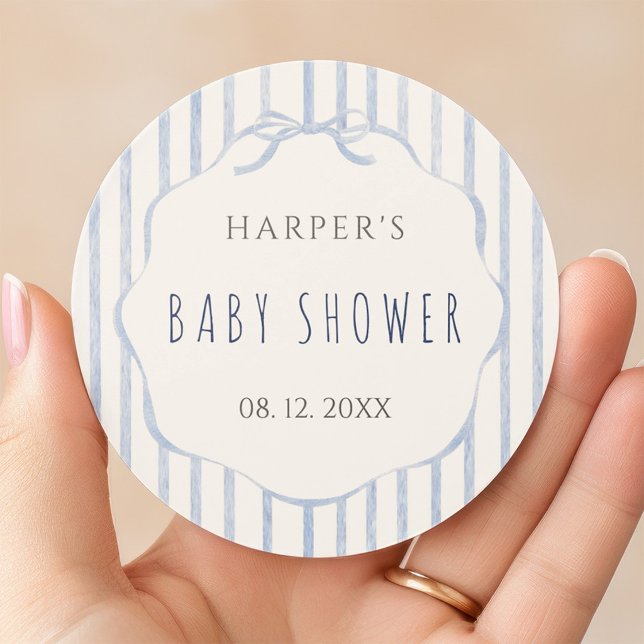 Soft Blue Stripes with Frame Baby Shower  Classic Round Sticker (Creator Uploaded)