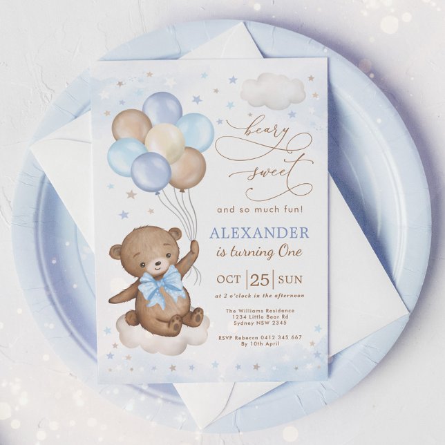 Soft Blue Teddy Bear Balloons Birthday Boy Party Invitation (Creator Uploaded)