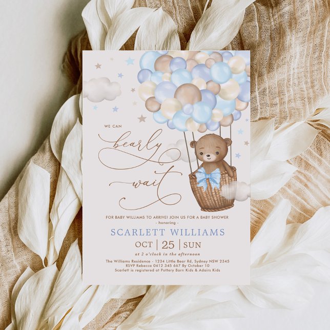 Soft Blue Teddy Bear Hot Air Balloon Baby Shower Invitation (Creator Uploaded)