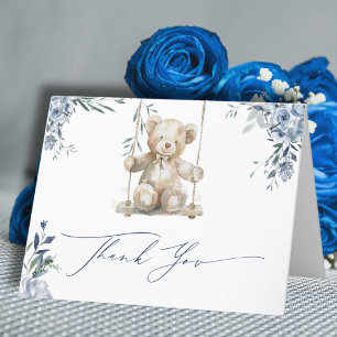 Soft Blue Teddy Swing Baby Shower Thank You Card
