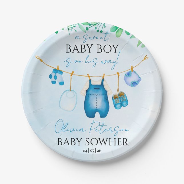 Soft Blue Watercolor Baby Clothesline Paper Plate (Front)