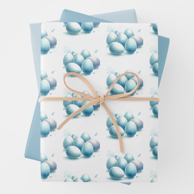 Soft Blue Watercolor Easter Eggs Wrapping Paper (In situ)