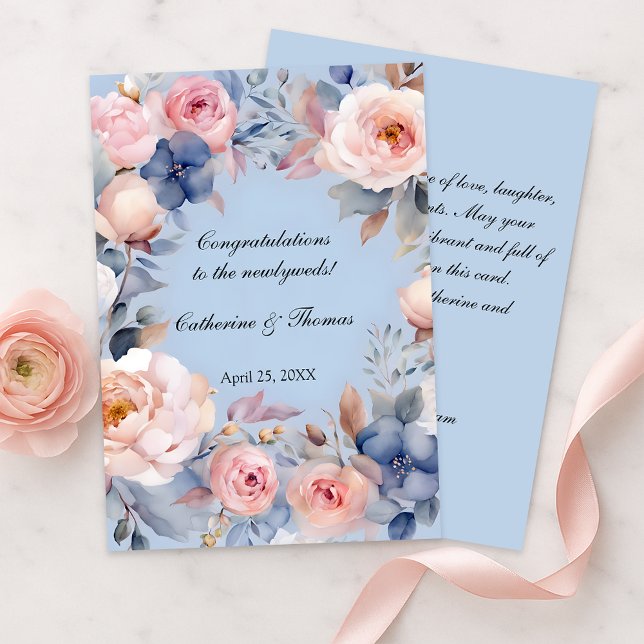 Soft Blue Watercolor Floral Wedding Congratulation Card (Creator Uploaded)