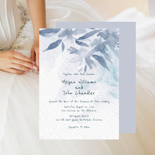 Soft Blue Watercolor Leaves Wedding  Invitation