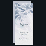 Soft Blue Watercolor Leaves Wedding Menu<br><div class="desc">This Wedding Menu Card is designed in with soft blue watercolor leaves on front with the text: Menu, The Bride and Groom's Names and Wedding Date. The reverse side includes: Wedding Menu, and your Appetizer, Entre and Dessert Selections. To personalise, simply insert all your details into our step-by-step template replacing...</div>