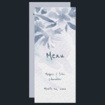 Soft Blue Watercolor Leaves Wedding Menu<br><div class="desc">This Wedding Menu Card is designed in with soft blue watercolor leaves on front with the text: Menu, The Bride and Groom's Names and Wedding Date. The reverse side includes: Wedding Menu, and your Appetizer, Entre and Dessert Selections. To personalise, simply insert all your details into our step-by-step template replacing...</div>