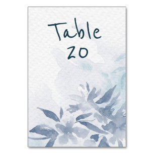 Soft Blue Watercolor Leaves Wedding Reception Table Number