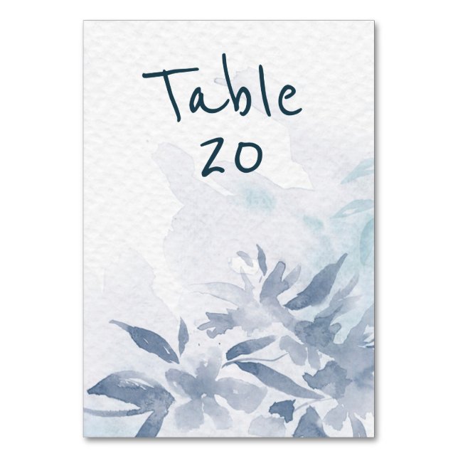 Soft Blue Watercolor Leaves Wedding Reception  Table Number (Front)