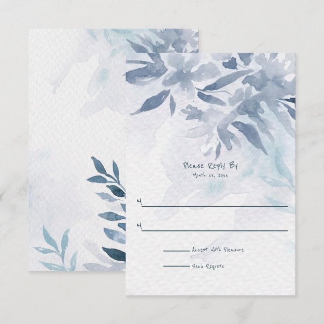 Soft Blue Watercolor Leaves Wedding RSVP Card (Front/Back)