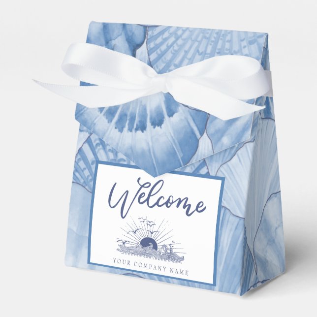 Soft Blue Watercolor Seashell Ribboned Favour Box (Front Side)