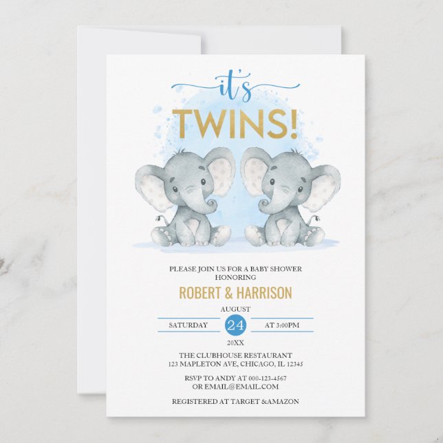 Soft Blue Watercolor Twins Elephant Baby Shower Invitation (Front)