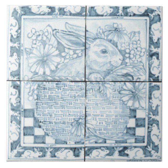 Soft Blue & White Antique Look Bunny Rabbit Basket Tile (Front)