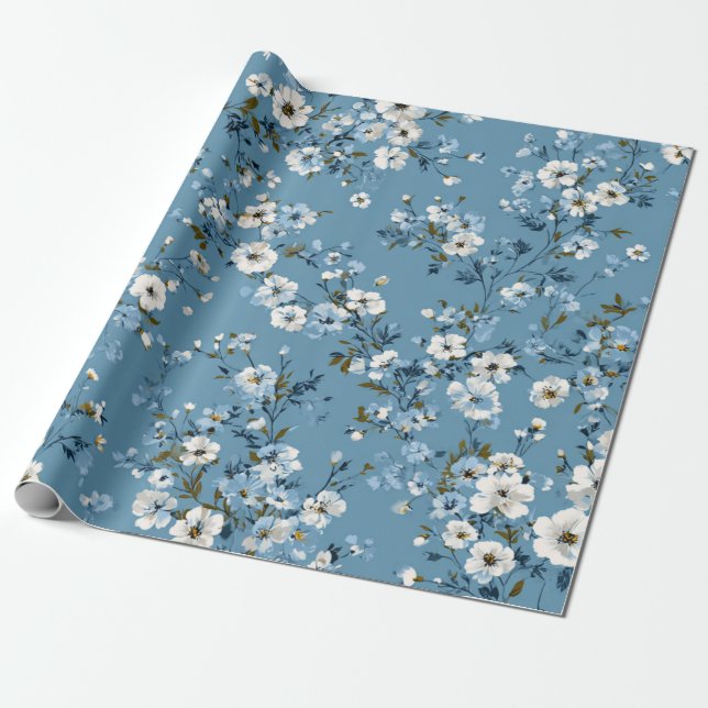 Soft Blue White Ditsy Flower Pastel Boho 70s  Wrapping Paper (Unrolled)