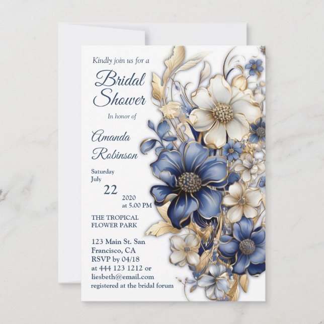 Soft Blue, White Flowers & Gold Etches  Invitation (Front)