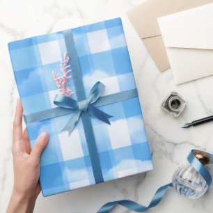 Soft Blue White Summer Gingham Cloud Plaid Pattern Wrapping Paper
