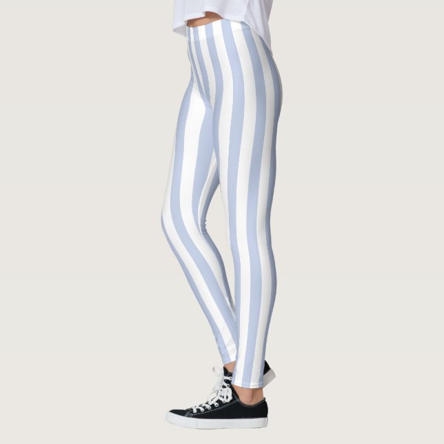 Soft Blue White Vertical Stripe Pattern Art Leggings (Left)