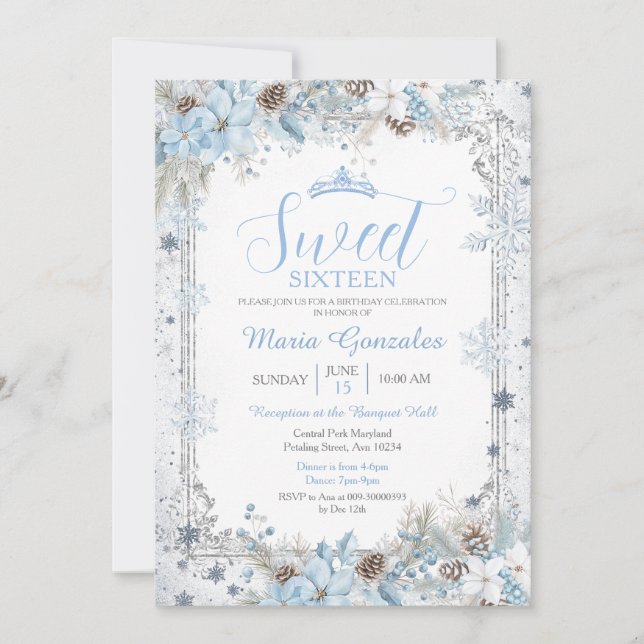 Soft Blue Winter Floral Christmas Sweet Sixteen Invitation (Front)