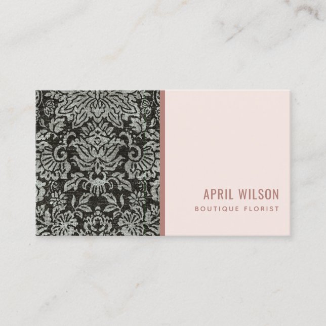 SOFT BLUSH BLACK AND WHITE DAMASK FLORAL PATTERN BUSINESS CARD (Front)