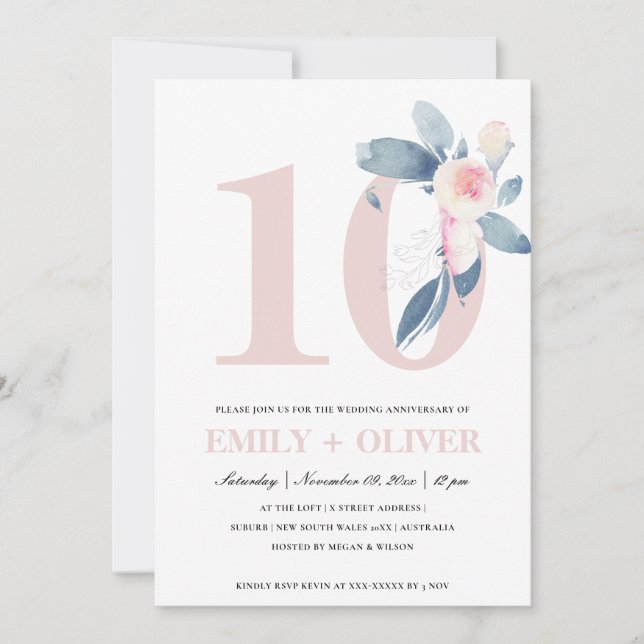 SOFT BLUSH BLUE FLORAL 10TH ANY YEAR ANNIVERSARY INVITATION (Front)