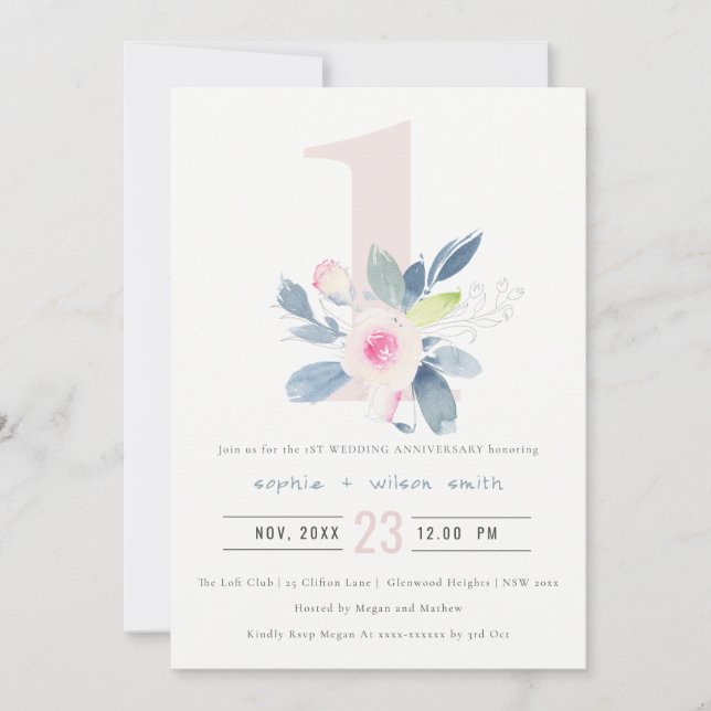 SOFT BLUSH BLUE FLORAL 1st ANY YEAR ANNIVERSARY Invitation (Front)