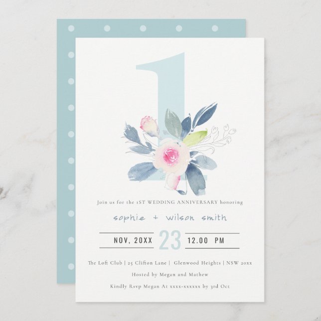 SOFT BLUSH BLUE FLORAL 1st ANY YEAR ANNIVERSARY Invitation (Front/Back)