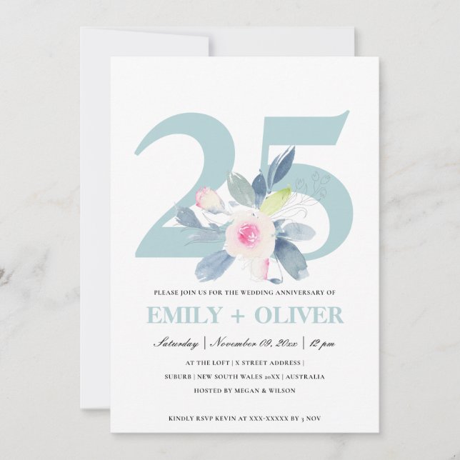 SOFT BLUSH BLUE FLORAL 25TH ANY YEAR ANNIVERSARY INVITATION (Front)