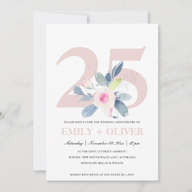 SOFT BLUSH BLUE FLORAL 25TH ANY YEAR ANNIVERSARY INVITATION (Front)