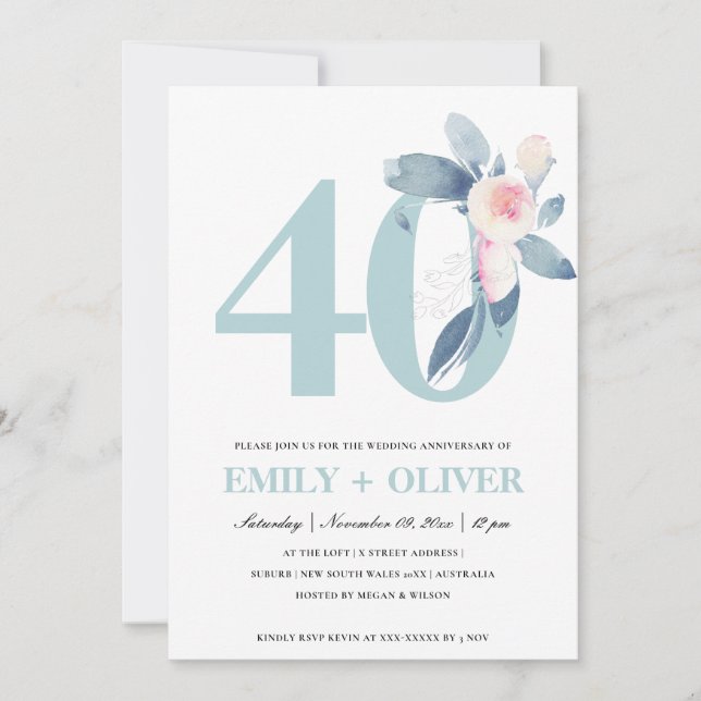 SOFT BLUSH BLUE FLORAL 40TH ANY YEAR ANNIVERSARY INVITATION (Front)