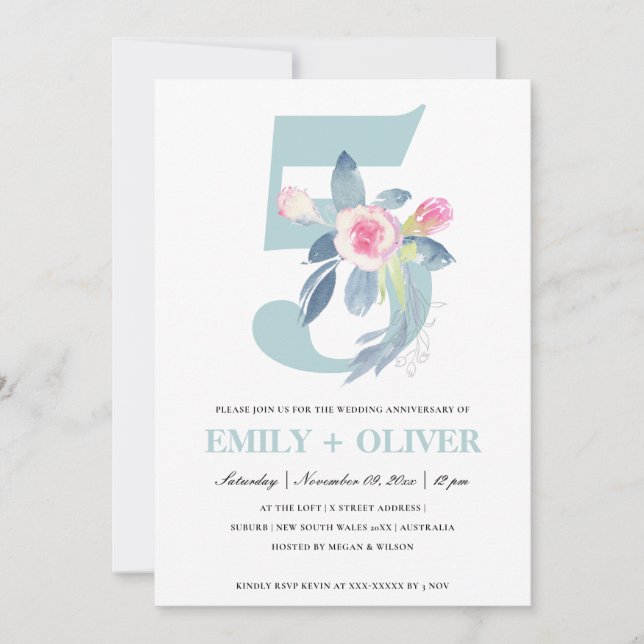 SOFT BLUSH BLUE FLORAL 5TH ANY YEAR ANNIVERSARY INVITATION (Front)