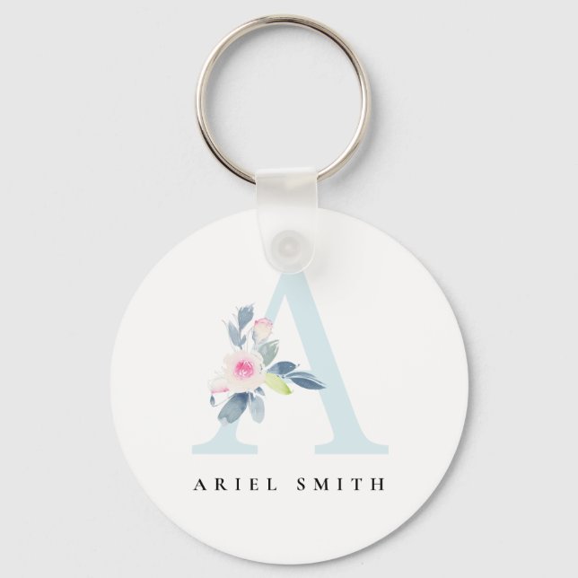 SOFT BLUSH BLUE FLORAL ALPHABETS NAME LETTER A KEY RING (Front)