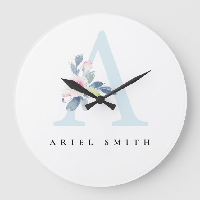 SOFT BLUSH BLUE FLORAL ALPHABETS NAME LETTER A LARGE CLOCK (Front)