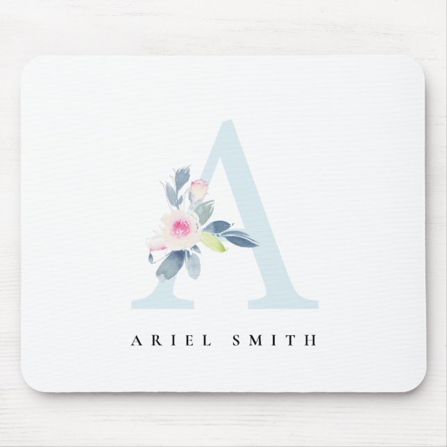 SOFT BLUSH BLUE FLORAL ALPHABETS NAME LETTER A MOUSE PAD (Front)