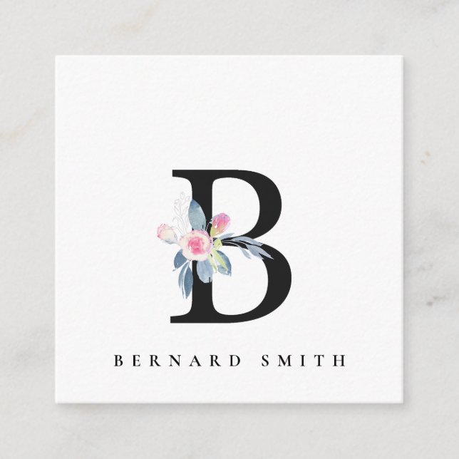 SOFT BLUSH BLUE FLORAL ALPHABETS NAME LETTER B SQUARE BUSINESS CARD (Front)