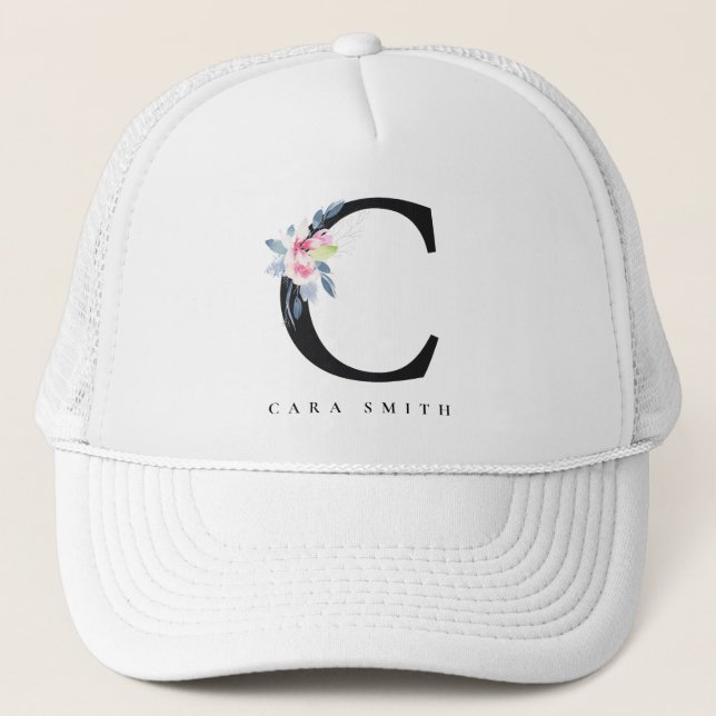 SOFT BLUSH BLUE FLORAL ALPHABETS NAME LETTER C TRUCKER HAT (Front)