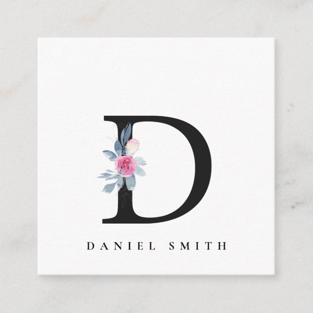 SOFT BLUSH BLUE FLORAL ALPHABETS NAME LETTER D SQUARE BUSINESS CARD (Front)