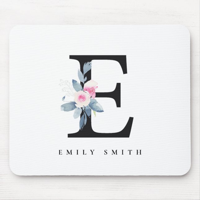 SOFT BLUSH BLUE FLORAL ALPHABETS NAME LETTER E MOUSE PAD (Front)