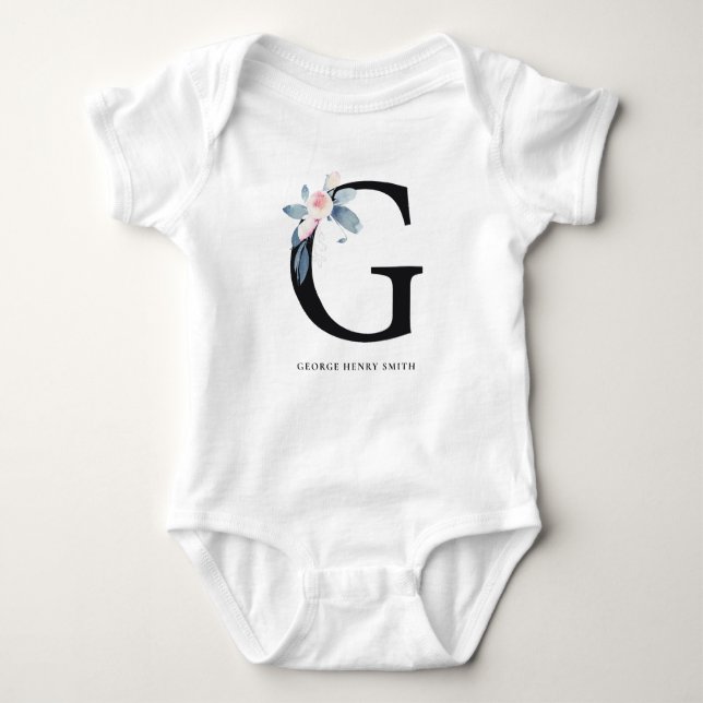 SOFT BLUSH BLUE FLORAL ALPHABETS NAME LETTER G BABY BODYSUIT (Front)