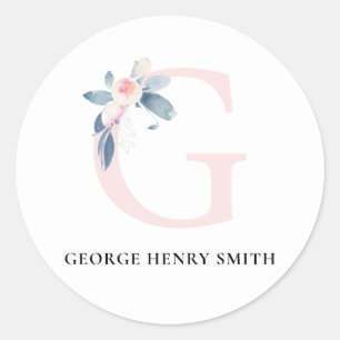 SOFT BLUSH BLUE FLORAL ALPHABETS NAME LETTER G CLASSIC ROUND STICKER