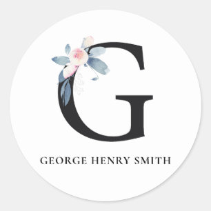 SOFT BLUSH BLUE FLORAL ALPHABETS NAME LETTER G CLASSIC ROUND STICKER