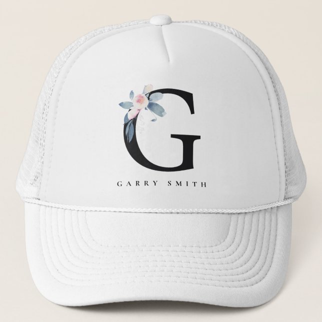 SOFT BLUSH BLUE FLORAL ALPHABETS NAME LETTER G TRUCKER HAT (Front)