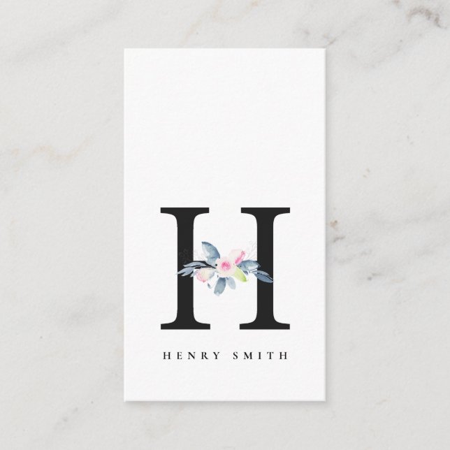 SOFT BLUSH BLUE FLORAL ALPHABETS NAME LETTER H BUSINESS CARD (Front)