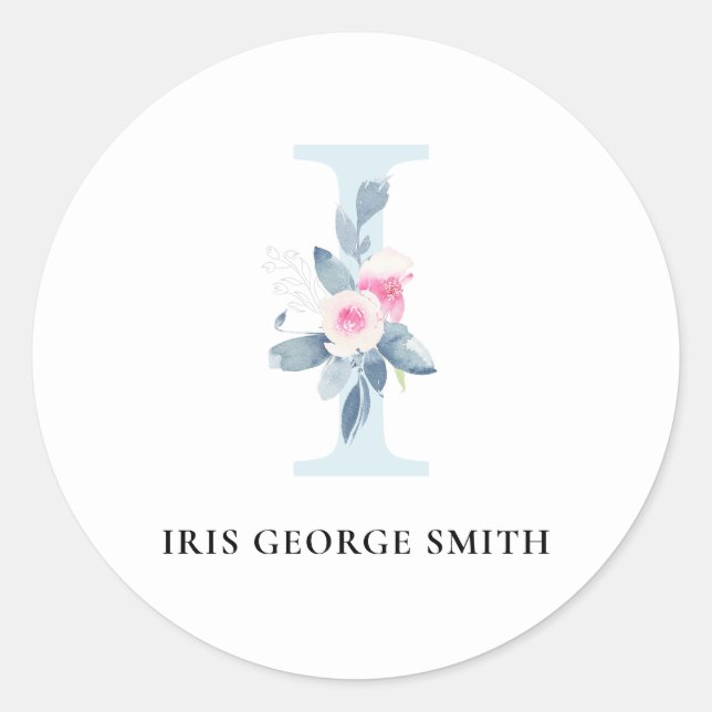 SOFT BLUSH BLUE FLORAL ALPHABETS NAME LETTER I CLASSIC ROUND STICKER (Front)