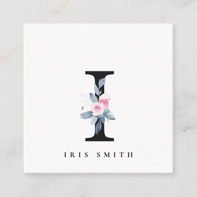 SOFT BLUSH BLUE FLORAL ALPHABETS NAME LETTER I SQUARE BUSINESS CARD (Front)