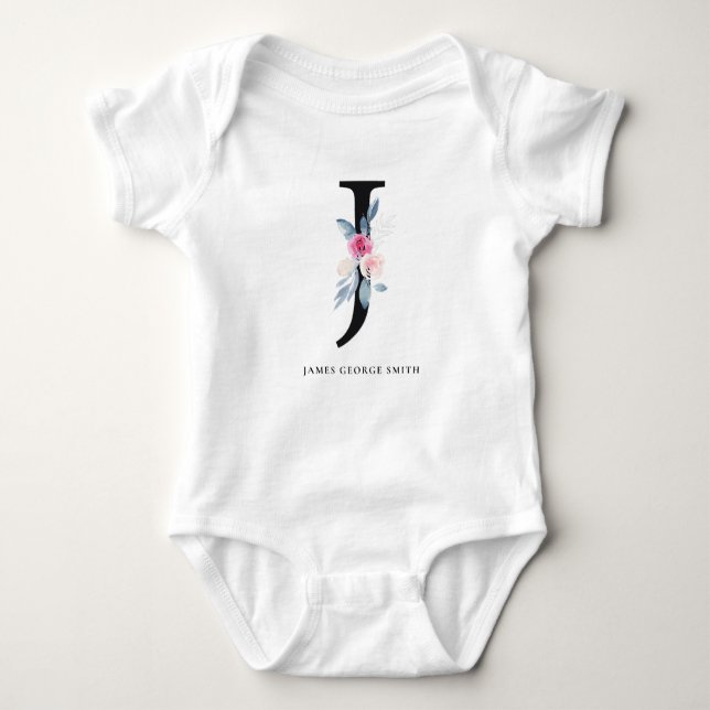 SOFT BLUSH BLUE FLORAL ALPHABETS NAME LETTER J BABY BODYSUIT (Front)