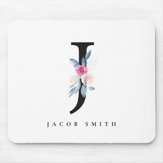 SOFT BLUSH BLUE FLORAL ALPHABETS NAME LETTER J MOUSE PAD (Front)