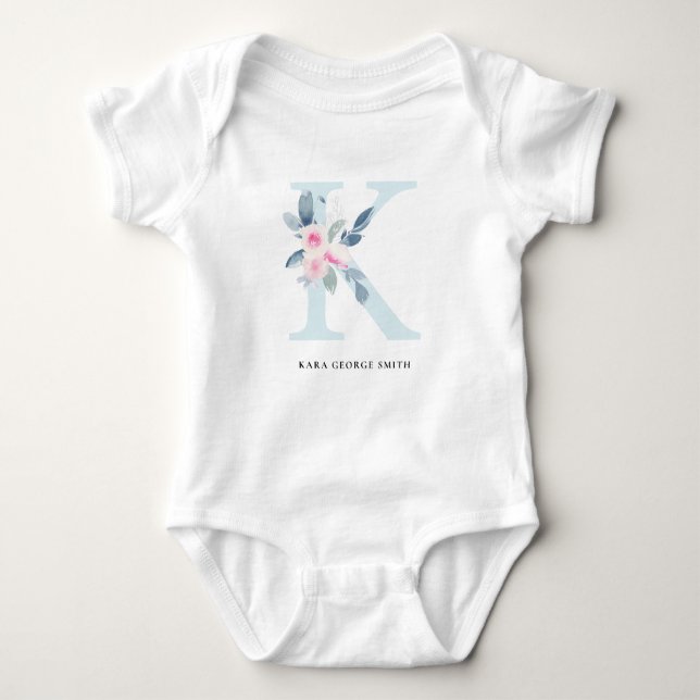 SOFT BLUSH BLUE FLORAL ALPHABETS NAME LETTER K BABY BODYSUIT (Front)