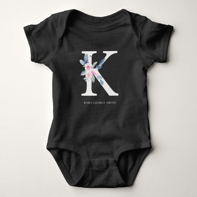 SOFT BLUSH BLUE FLORAL ALPHABETS NAME LETTER K BABY BODYSUIT (Front)