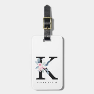 SOFT BLUSH BLUE FLORAL ALPHABETS NAME LETTER K LUGGAGE TAG