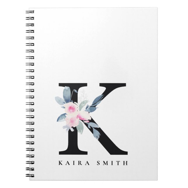 SOFT BLUSH BLUE FLORAL ALPHABETS NAME LETTER K NOTEBOOK (Front)