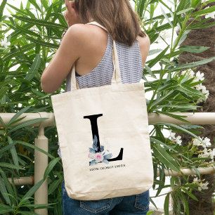 SOFT BLUSH BLUE FLORAL ALPHABETS NAME LETTER L TOTE BAG